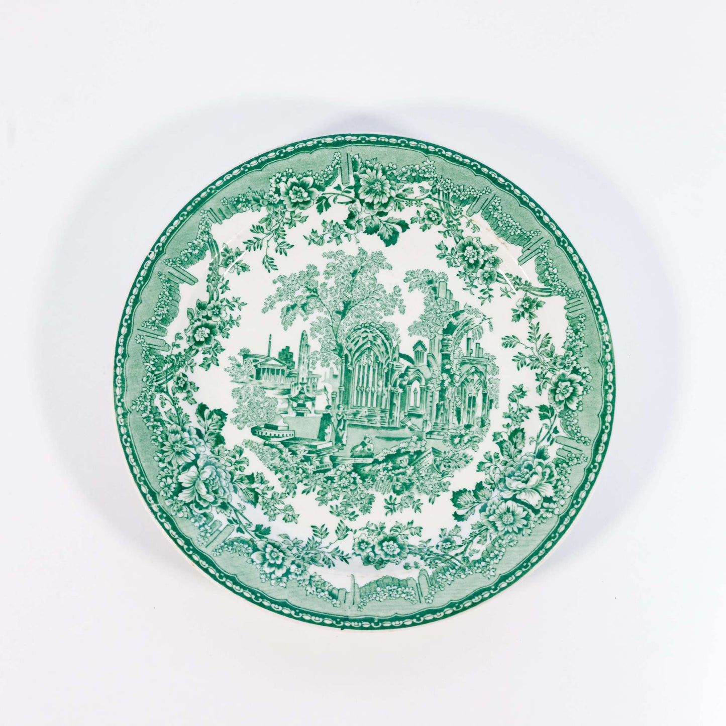 Vintage Dinnerware Buffalo China Green & White Transferware Plate