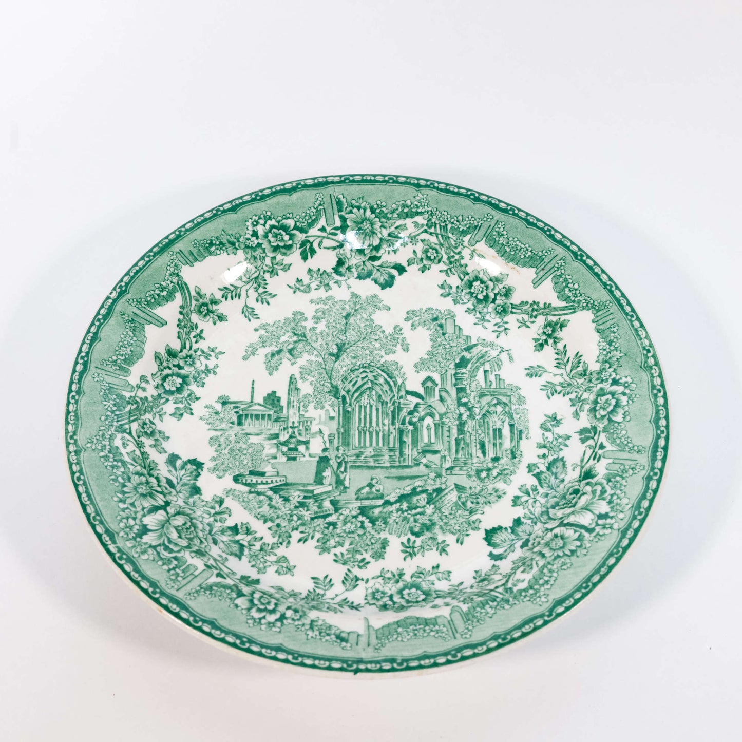 Vintage Dinnerware Buffalo China Green & White Transferware Plate