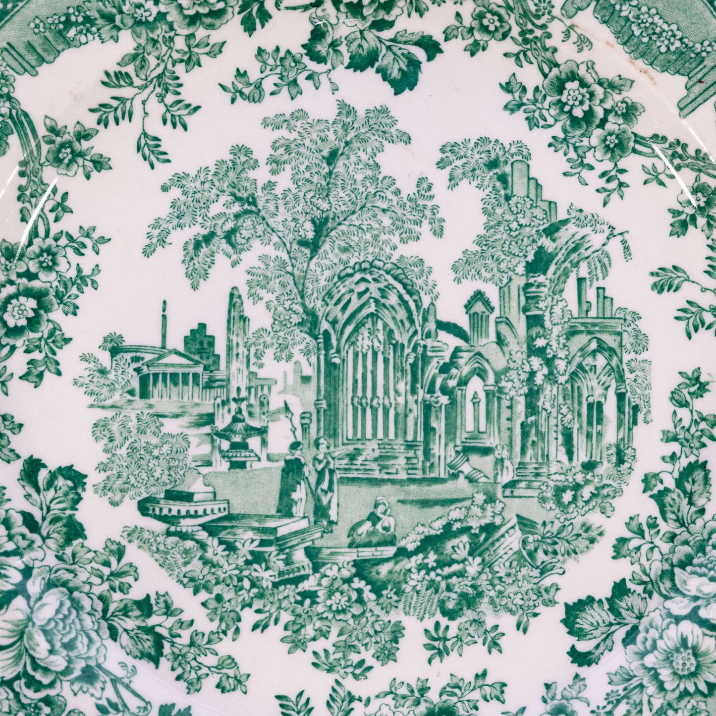 Vintage Dinnerware Buffalo China Green & White Transferware Plate