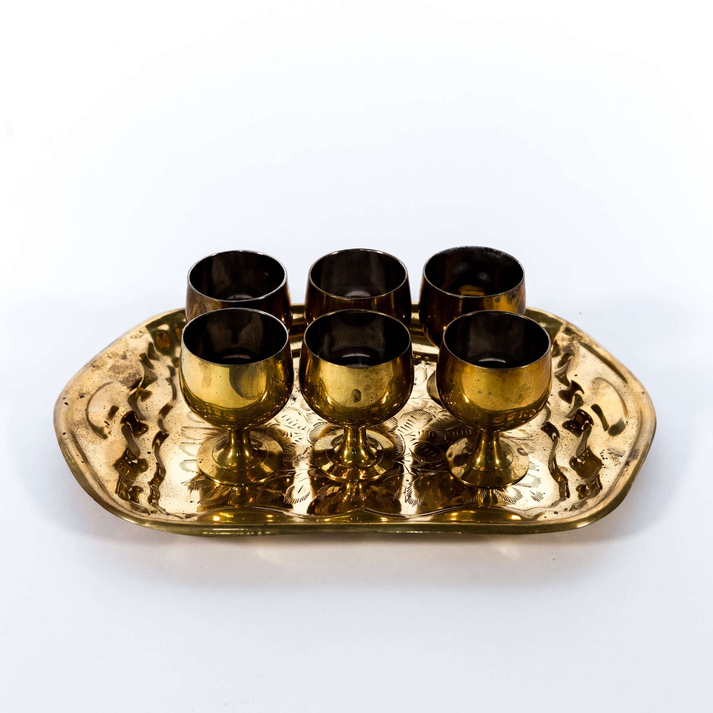 Vintage Set of Indian Brass Goblets with Brass Tray