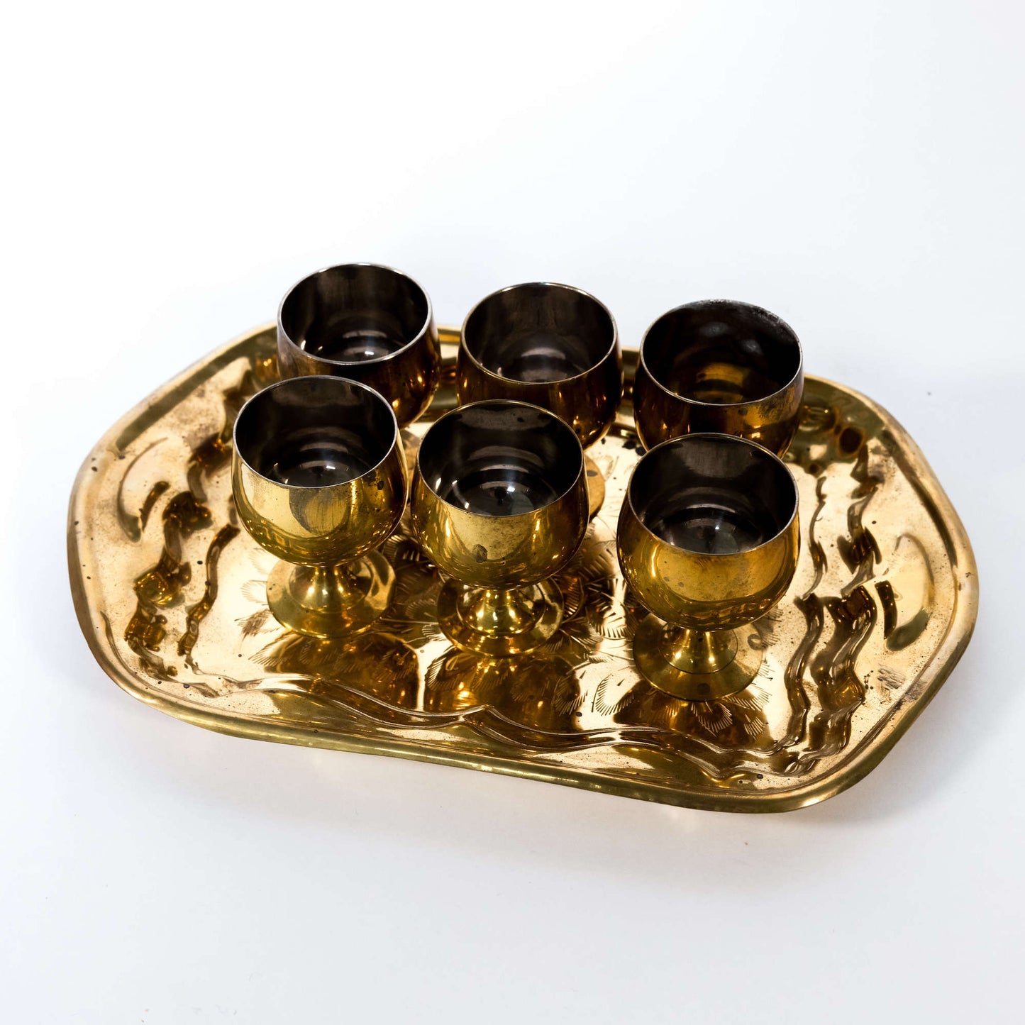 Vintage Set of Indian Brass Goblets with Brass Tray