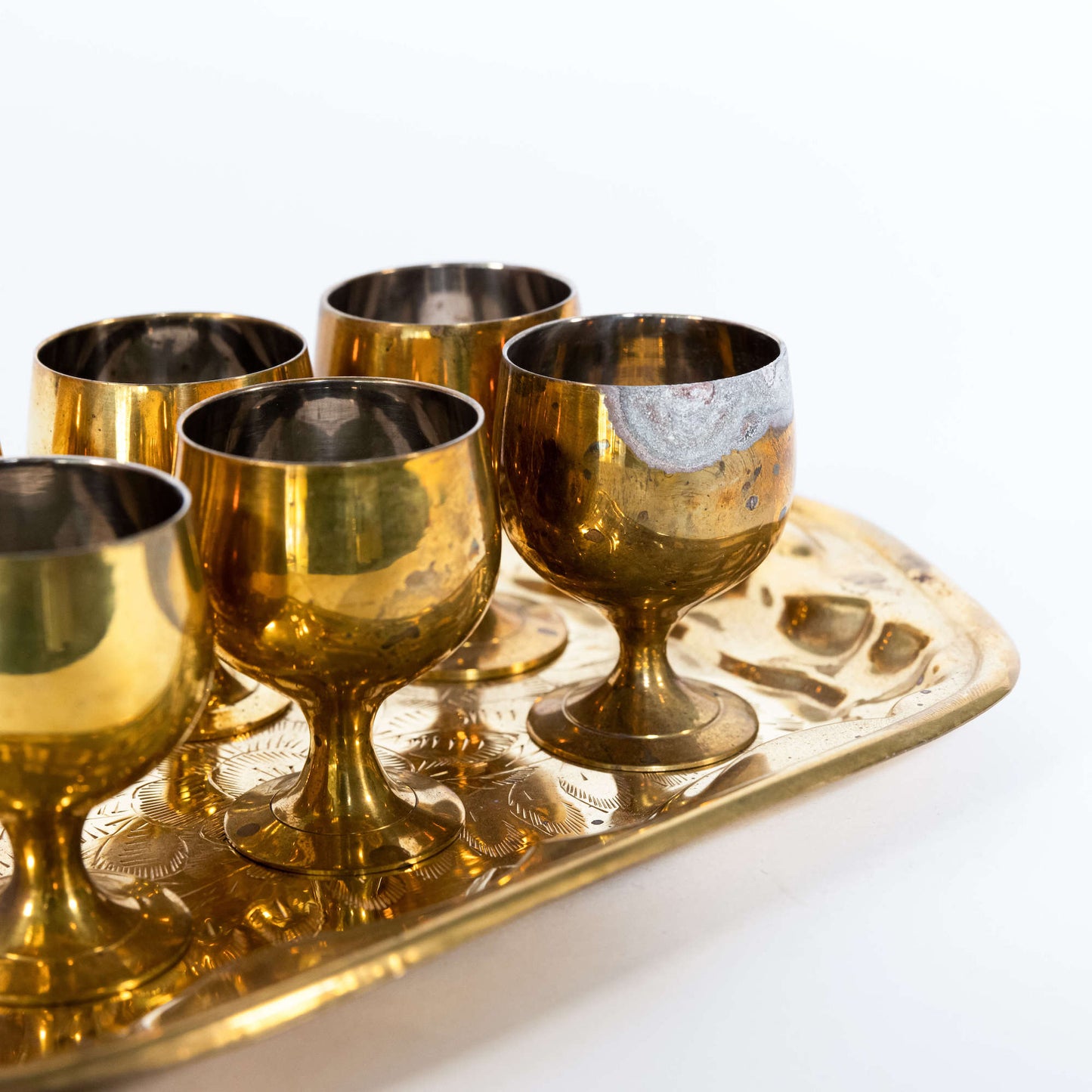 Vintage Set of Indian Brass Goblets with Brass Tray