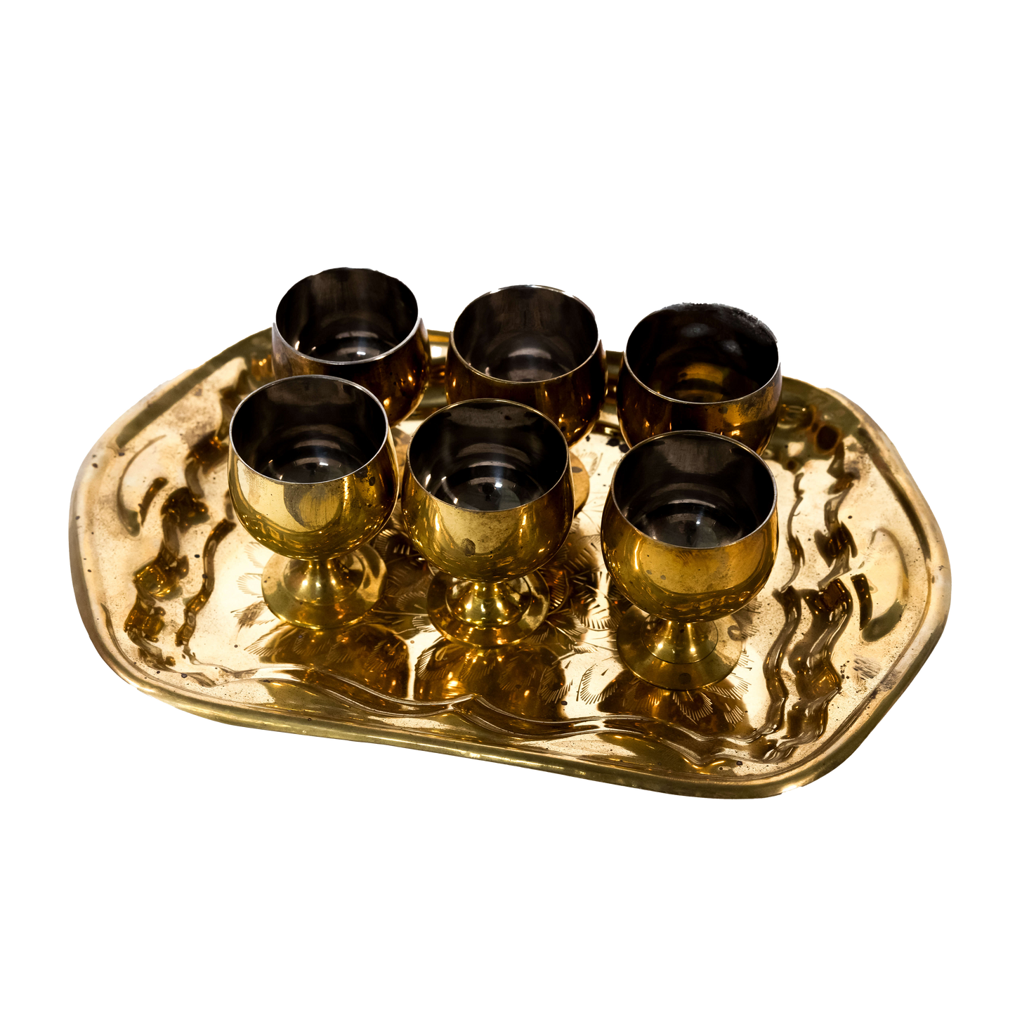 Vintage Set of Indian Brass Goblets with Brass Tray